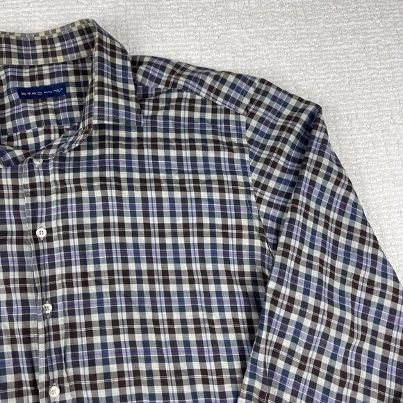 ETRO Shirt Men 44 Plaid Brown/Purple/Blue Preppy Dress Long Sleeve Made in Italy - Picture 4 of 16